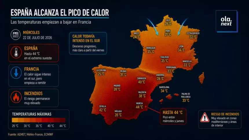 España alcanza el pico de calor mientras las temperaturas empiezan a bajar en Francia