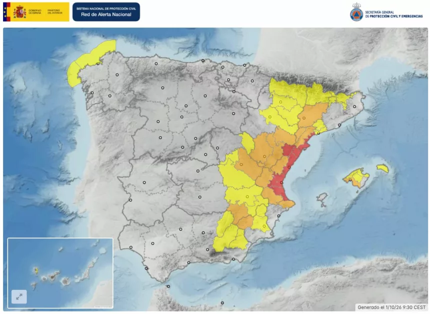 Alerta roja por lluvias en Valencia, Castellón y Tarragona: el riesgo extremo se extiende por el Mediterráneo